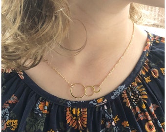 Yellow Gold Three Eternity Circle Necklace - 3 Entwined Ring Necklace - Triple Link Jewelry - Karma Circle Necklace