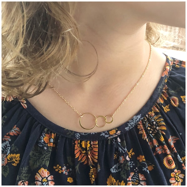 Yellow Gold Filled Eternity Necklace - 3 Ring Necklace - Circle Link Necklace - Three Ring Necklace - Karma Circle Necklace - Dainty Jewelry