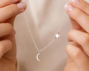 Sterling Silver Moon and Star Necklace - Crescent Moon Jewelry - Gift Idea