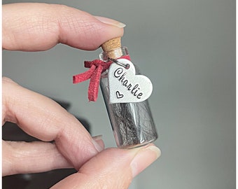 Pet Fur Keepsake Personalized With Stamped Name - Pet Memorial Tiny Glass Bottle - Pet Remembrance - Rainbow Bridge Jar - Loss of Dog Cat