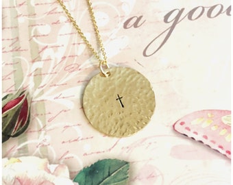 1" Yellow Gold Filled Disc Necklace - Personalized Circle Charm - Customize With Your Names Words Dates - Hand Stamped Disc - Size 25mm