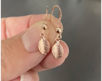 Rose Gold Leaf Earrings - Tiny Dangle Earrings - Gift for Her - Delicate Nature Inspired Jewelry For Women