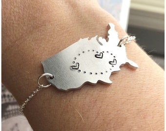Long Distance Bracelet - Away From Loved One Gift - Custom Present to Friend in Different State - USA Map with Hand Stamped Heart on Cities