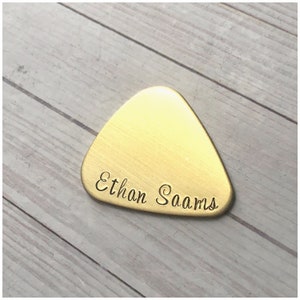 Brass Guitar Pick Gold Color Pick Personalized Name Music Accessory Hand Stamped Guitar Pick for Groom Customized Wedding Gift image 1