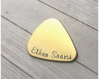 Brass Guitar Pick - Gold Color Pick - Personalized Name Music Accessory - Hand Stamped Guitar Pick for Groom - Customized Wedding Gift