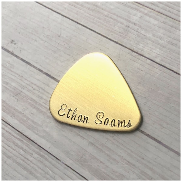 Brass Guitar Pick - Gold Color Pick - Personalized Name Music Accessory - Hand Stamped Guitar Pick for Groom - Customized Wedding Gift