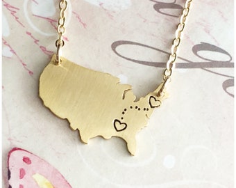 Personalized US Map Charm With Hearts - Two States Map - 2 Cities USA Map - Customized US Map Jewelry - Long Distance Love - Heart Necklace