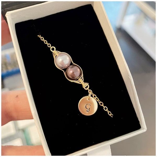 Two Pea in a Pod Bracelet - Gold Pea Pod Bracelet - Two Pearl Bracelet - 2 Bead Jewelry - Personalized Twin Bracelet - Customized Momma Gift