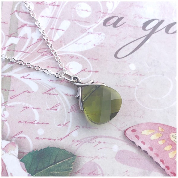 Olive Green Crystal Necklace - Swarovski Briolette Necklace - Sterling Silver Chain - Stone Necklace - Dainty Necklace - Crystal Necklace