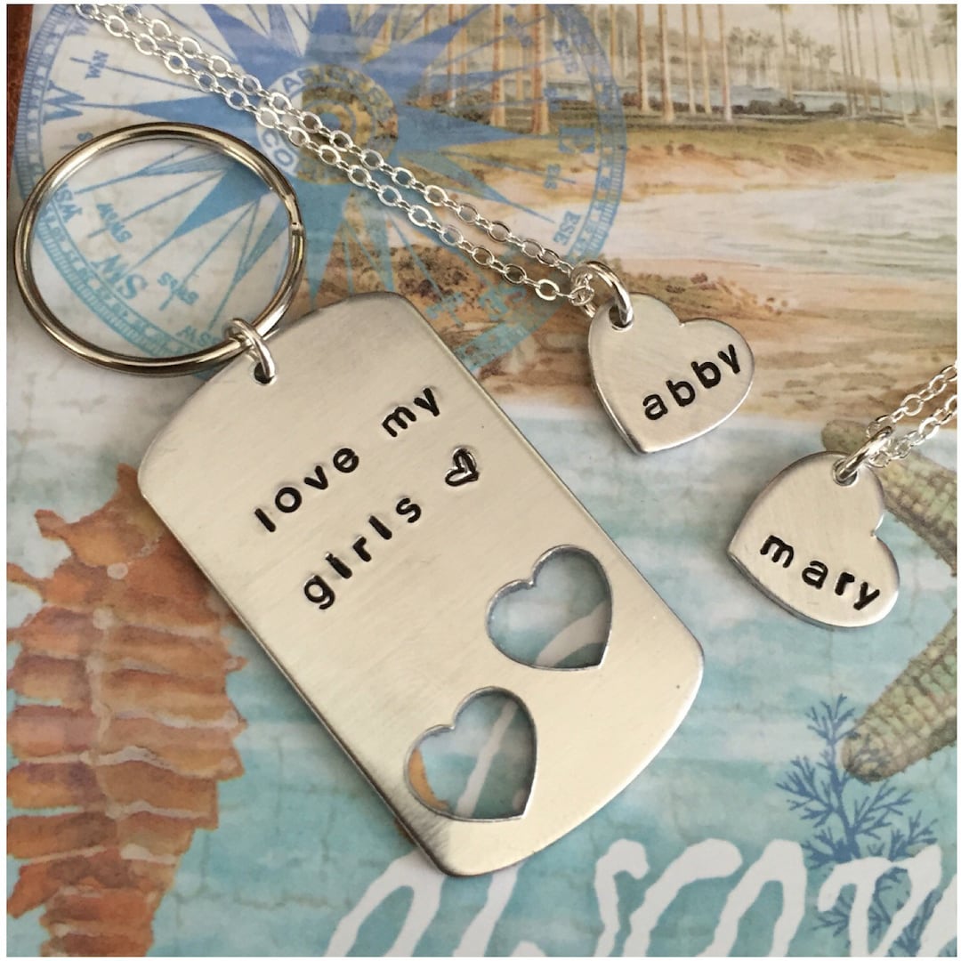 Keychain and Necklace Set Dad Daughters Set Two Children Gift for Dad