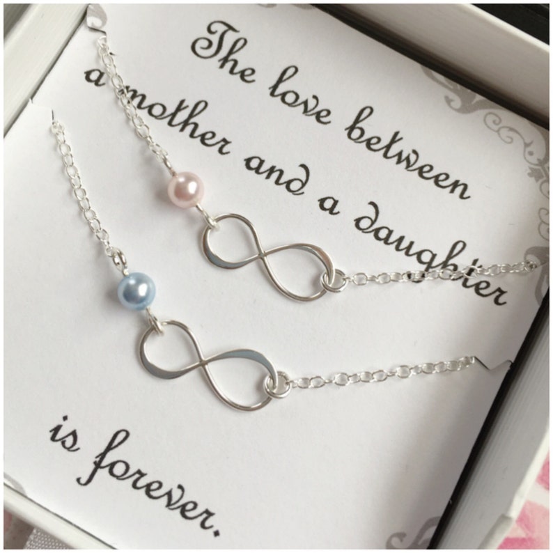 Infinity Bracelet Set with Swarovski Pearls Custom Sterling Silver Jewelry Set Two Bracelets for BFF, Sisters or Mother Daughter image 2