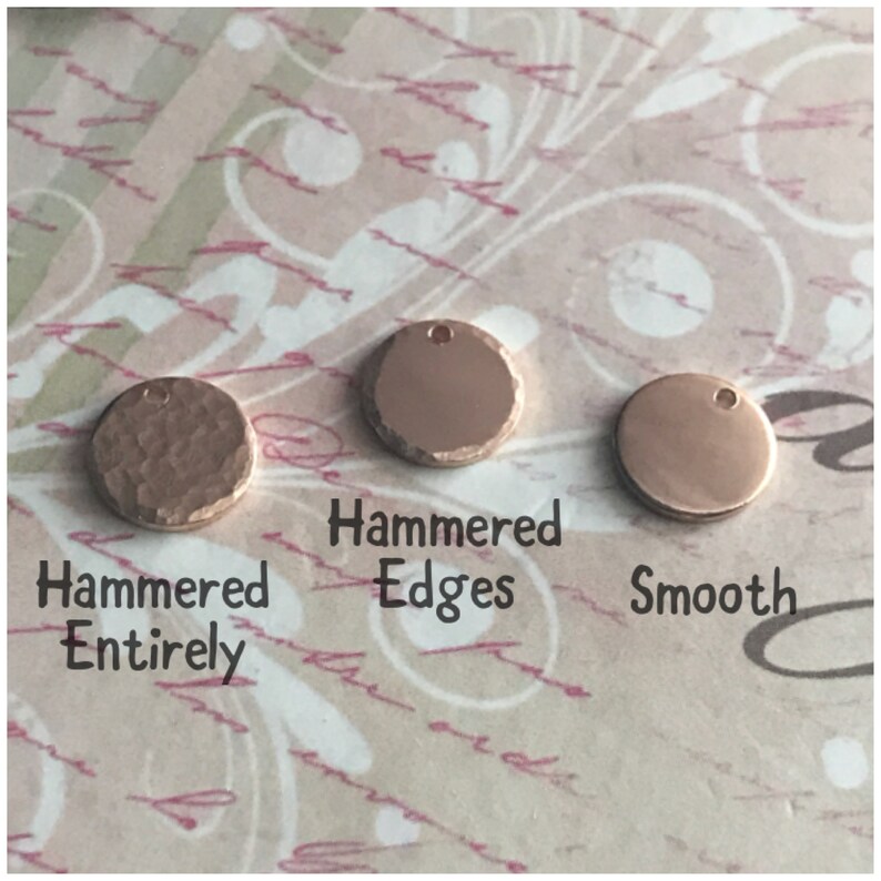May include: Three round metal discs with different finishes. The disc on the left is hammered entirely. The middle disc is hammered on the edges. The disc on the right is smooth.