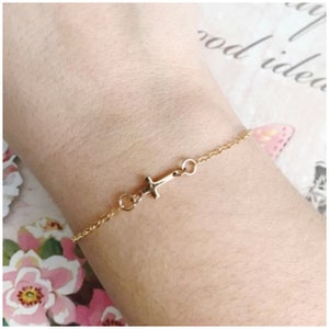 Gold Cross Bracelet - Little Cross Bracelet - Tiny Cross Bracelet - Solid Bronze Cross Charm - Baptism Gift - Communion Jewelry Gift