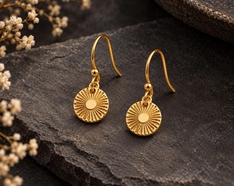 Yellow Gold Sun Earrings - Dainty Sunshine Disc Jewelry - Sun Charm Pendant - Tiny 3/8" 10mm Round Tag