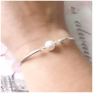 Personalized Silver Bangle Bracelet - White Pearl Bracelet - Simple Pearl Jewelry - Anniversary Gift for Wife - Birthday Present for Her