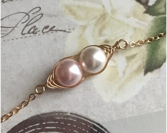 Yellow Gold Two Peas in a Pod Bracelet - 2 Wire Wrapped Pearls - Personalized Twin Jewelry - Gift for Sister