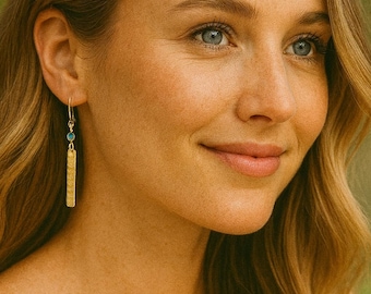 Simple Crystal Bar Earrings - Hammered Rectangle Gold Bar Earrings - Dainty Gold Bar Earrings - Simple Bar Drop Earrings - Medium Length