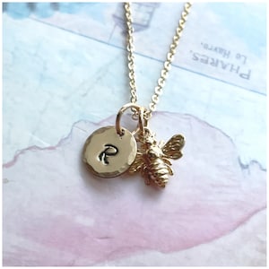 Yellow Gold Bee Necklace - Personalized Bumblebee Necklace - Customized Bee Jewelry - Hand Stamped Initial Disc - Honey Bee Letter Charm