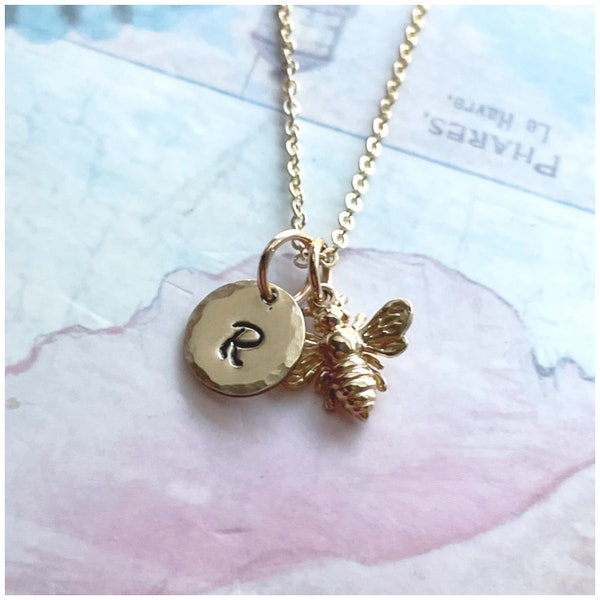 Yellow Gold Bee Necklace - Personalized Bumblebee Necklace - Customized Bee Jewelry - Hand Stamped Initial Disc - Honey Bee Letter Charm