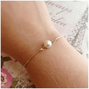 Gold Pearl Bangle Bracelet - 14k Gold Filled Cuff - Swarovski Pearl Bracelet - Personalized Holiday Gifting - Dainty Gold Bracelet for Her