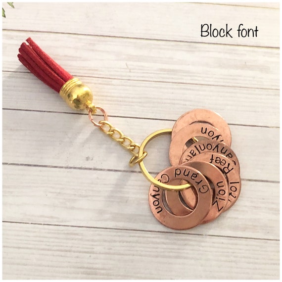 Personalized Copper Keychain With Colored Tassel - Hand Stamped Metal Washers - Traveler Gift - States Visited - Gold Color Key Holder