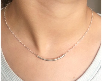 Sterling Silver Tube Necklace - Silver Noodle Bar - Silver Curved Tube Necklace - Thin Noodle Tube Necklace - Minimalist Jewelry