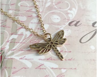 Gold Firefly Necklace - Simple Gold Dragonfly Charm - Minimalist Insect Wings Jewelry