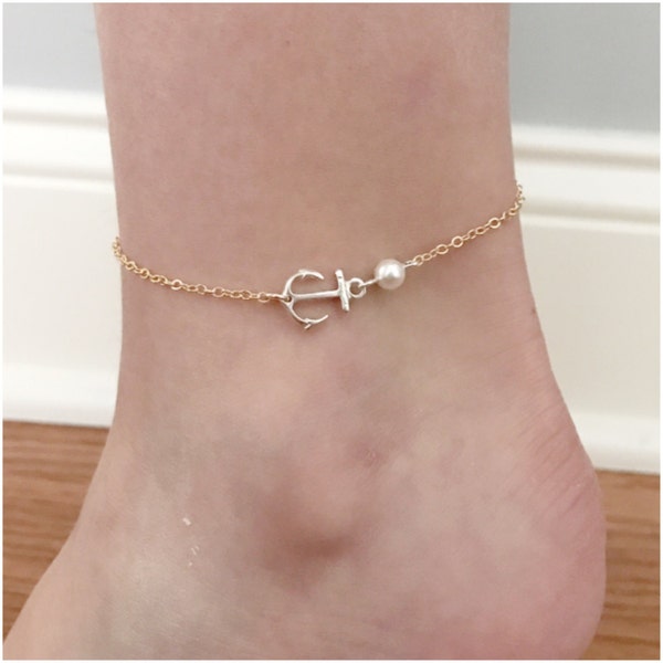 Two Tone Anchor Anklet - Silver Gold Anchor Jewelry - Summer Gold Fill Chain Silver Anchor Charm - Your Choice of Swarovski Pearl Color