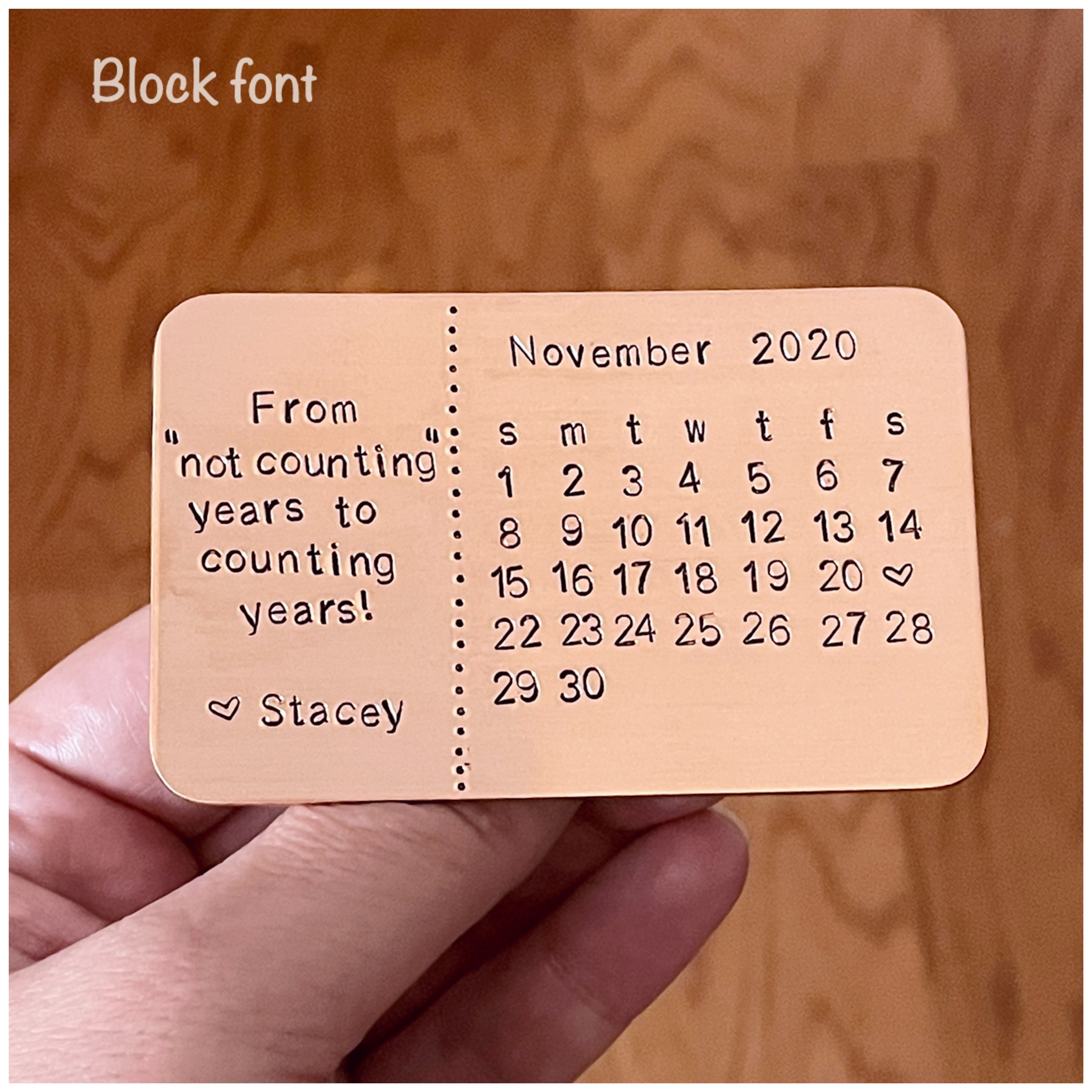 Copper Calendar Pocket Card Personalized Anniversary Gift 