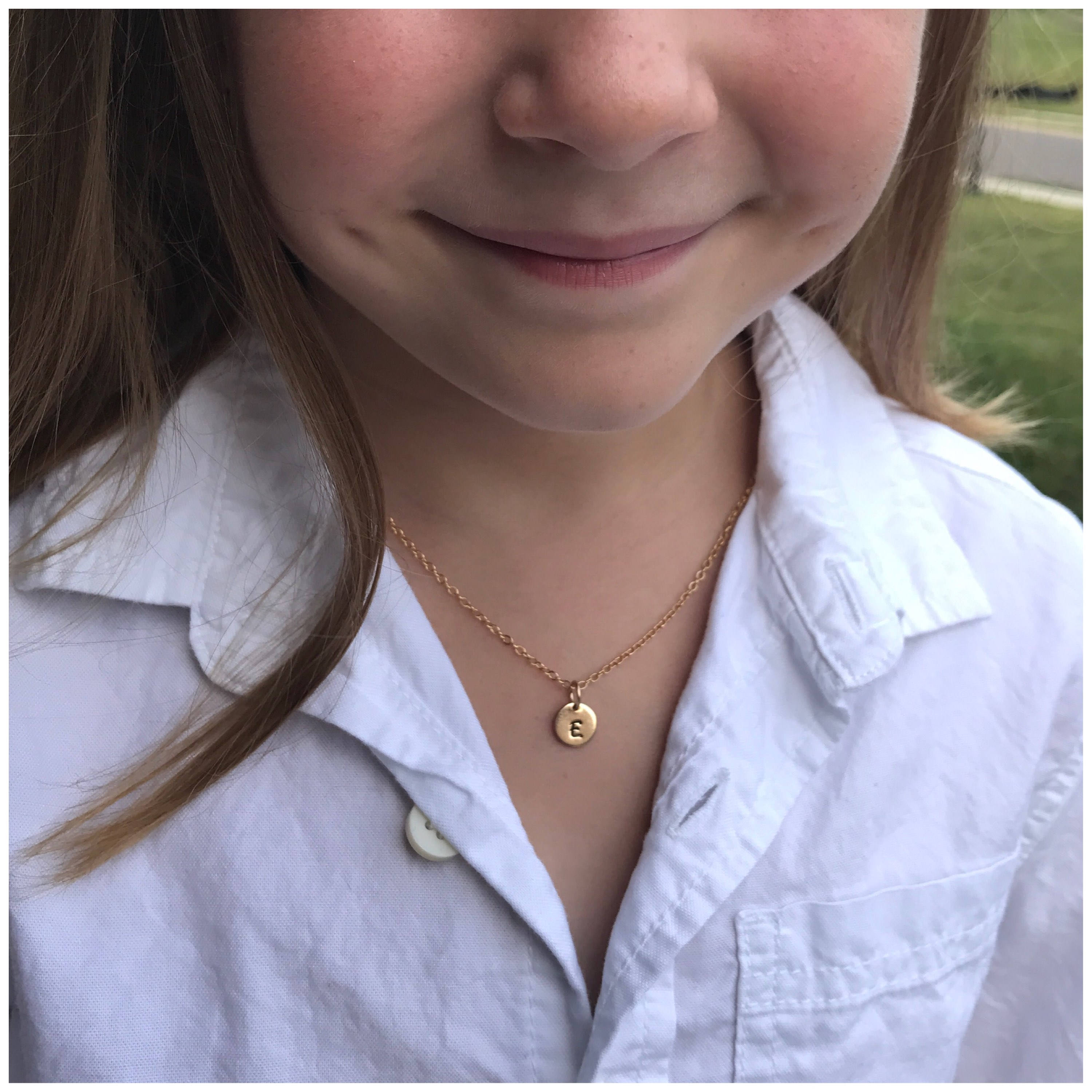 Gold Initial Necklace Stamped Charm Child Little Girl Etsy