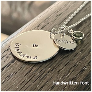 Grandmother Necklace - Sterling Silver Disc Necklace - Stamped Granny Initial Crystal Necklace - Valentine&#39;s Day Gift for Nana - Birthstone