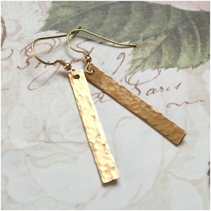 Simple Gold Bar Earrings - Hammered Rectangle Gold Bar Earrings - Dainty Gold Bar Earrings - Simple Bar Drop Earrings - Medium Length