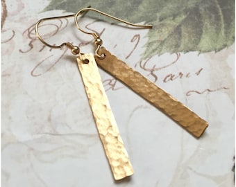 Simple Gold Bar Earrings - Hammered Rectangle Gold Bar Earrings - Dainty Gold Bar Earrings - Simple Bar Drop Earrings - Medium Length