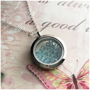 December Locket - December Birthstone Jewelry - December Birth Stone Necklace - Lengths from 16 inches to 30 inches - Turquoise - Blue Topaz