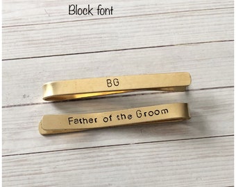 Personalized Gold Color Tie Bar - Hand Stamped Tie Clip - Brass Tie Clip - Front Back - Wedding Accessory for Him - Gift to Groom From Bride