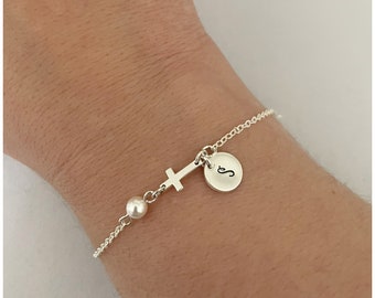 Sterling Silver Cross Bracelet - Tiny Cross Bracelet with Pearl and Initial Disc - Hand Stamped Initial on Tiny Disc - Little Girl Bracelet