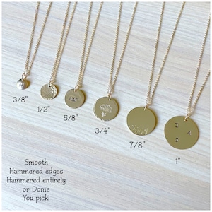 Personalized Disc Necklace - Customized Layering Coin Necklace - Yellow Gold Fill Pendant Jewelry - 3/8&quot;, 1/2&quot;, 5/8&quot;, 3/4&quot;, 7/8&quot; or 1&quot; Charm