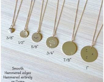 Personalized Disc Necklace - Customized Layering Coin Necklace - Yellow Gold Fill Pendant Jewelry - 3/8", 1/2", 5/8", 3/4", 7/8" or 1" Charm