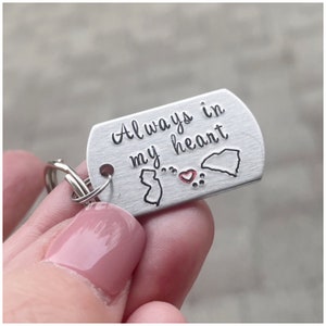 Always In My Heart Keychain with States - Hand Stamped Key Ring - Long Distance Military Move Or Student Move - Gift for Daughter Son Child