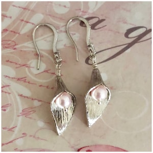 White Pearl Calla Lily Earrings - Silver Lily Earrings - Silver Calla Earrings with Small Swarovski Pearl Silver Pearl Leaf Dangle Earrings