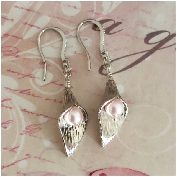 White Pearl Calla Lily Earrings - Silver Lily Earrings - Silver Calla Earrings with Small Swarovski Pearl Silver Pearl Leaf Dangle Earrings