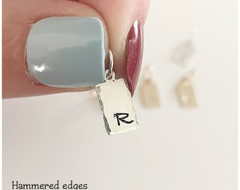 Personalized Silver Initial Charm - Custom Mini Letter Charm - Hand Stamp Rectangle Pendant - Small Bar Charm - Mini Dog Tag - Miniature Tag