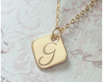 Hammered 5/8" Tile Necklace - 14k Gold Filled Stamped Initial Necklace - Personalized Letter Necklace - Calligraphy Font - Diamond Square