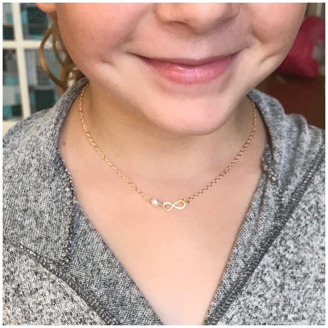 Gold Infinity Necklace Little Girl Necklace Tiny Infinity Charm Pearl
