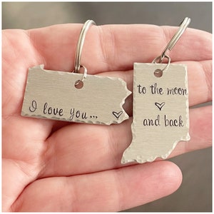 Personalized State Keychains - Stamped Heart on City or Town - Custom Long Distance Gift - I Love You To The Moon And Back Keychain Set