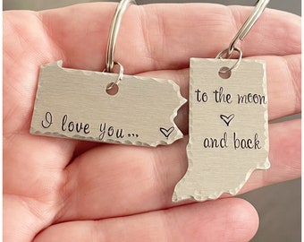 Personalized State Keychains - Stamped Heart on City or Town - Custom Long Distance Gift - I Love You To The Moon And Back Keychain Set