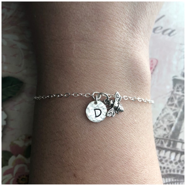 Personalized Bumble Bee Jewelry - Silver Bumblebee Bracelet - Hand Stamped Initial on Sterling Silver Disc - Bracelet with Honey Bee Charm