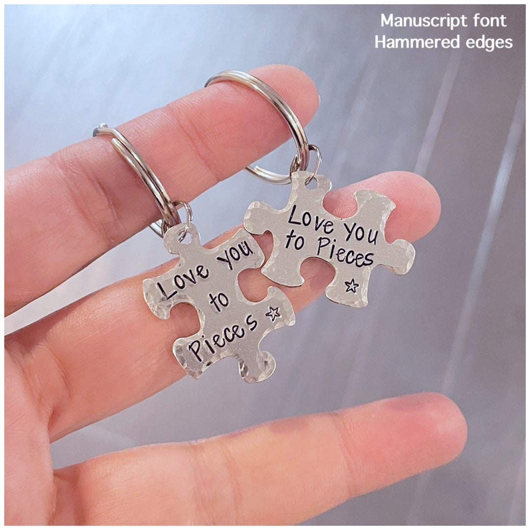 Hand Stamped Puzzle Piece Keychain Set Aluminum Couple Puzzle Keychains