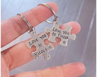 Hand Stamped Puzzle Piece Keychain Set - Aluminum Couple Puzzle Keychains - Personalized Missing Piece - Boyfriend Girlfriend Keychains