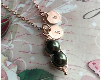 Rose Gold Two Peas in a Pod Necklace - Wire Pea Pod Jewelry - Personalized Stamped Initial Disc - Sweet Pea - Valentine's Day Gift